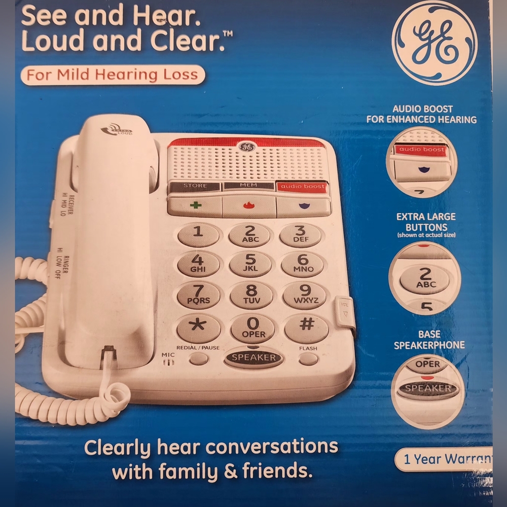 GE SEE AND HEAR LARGE BUTTON CORDED TELEPHONE FOR MILD HEARING LOSS NWOT